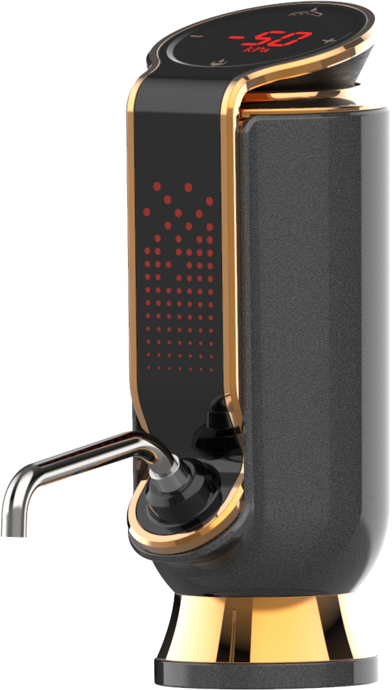 The black VINNOX aerator standing on its base, the display showing the vacuum level