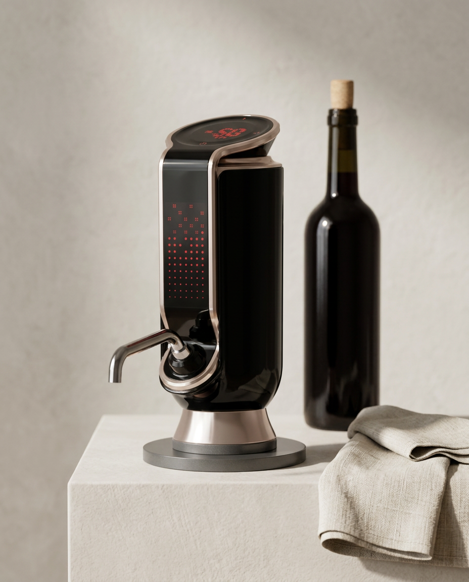 Black electric wine aerator and dispenser standing on its base