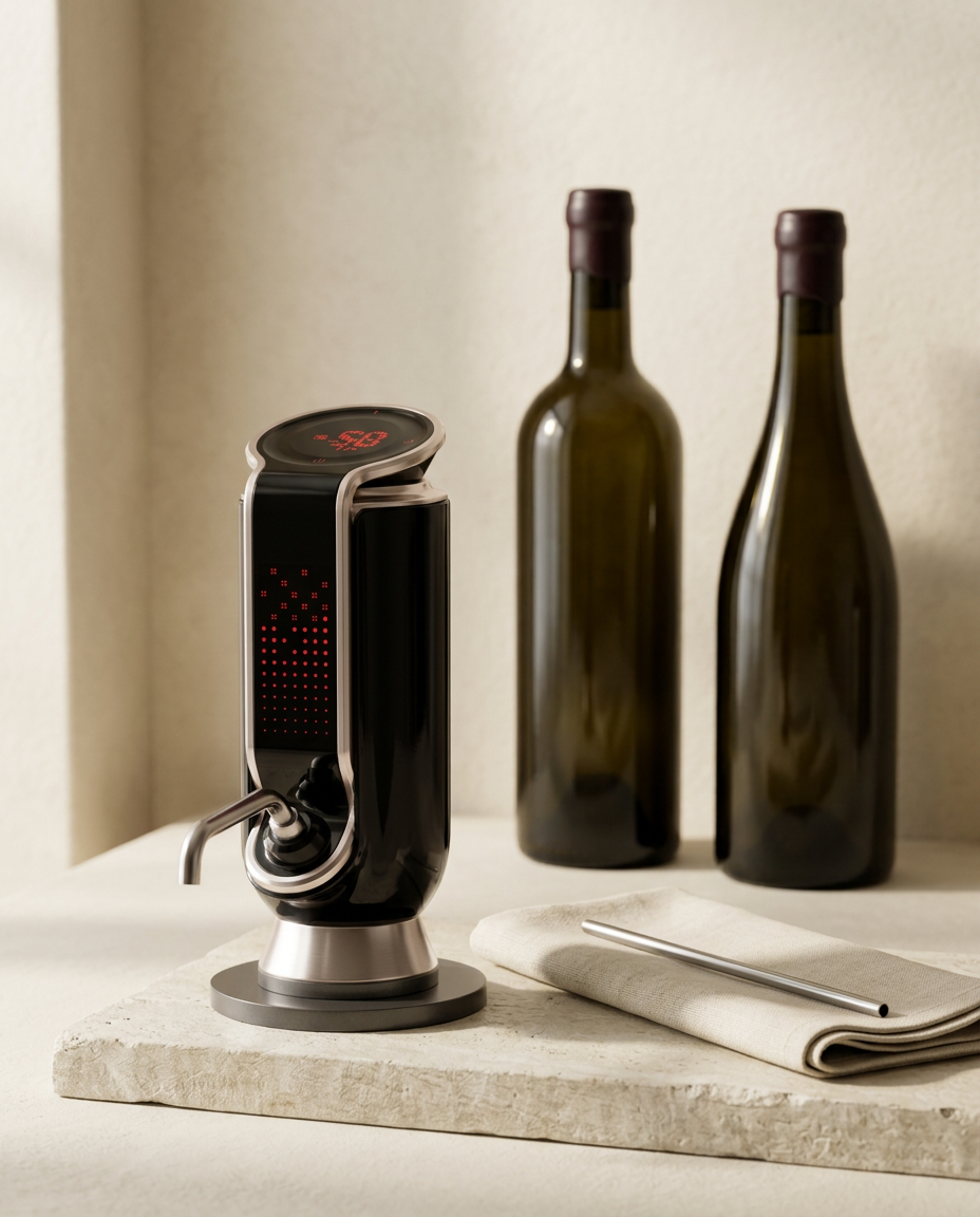 The black VINNOX on a pale limestone slab beside its stainless steel straw on linen, two unlabeled wine bottles behind