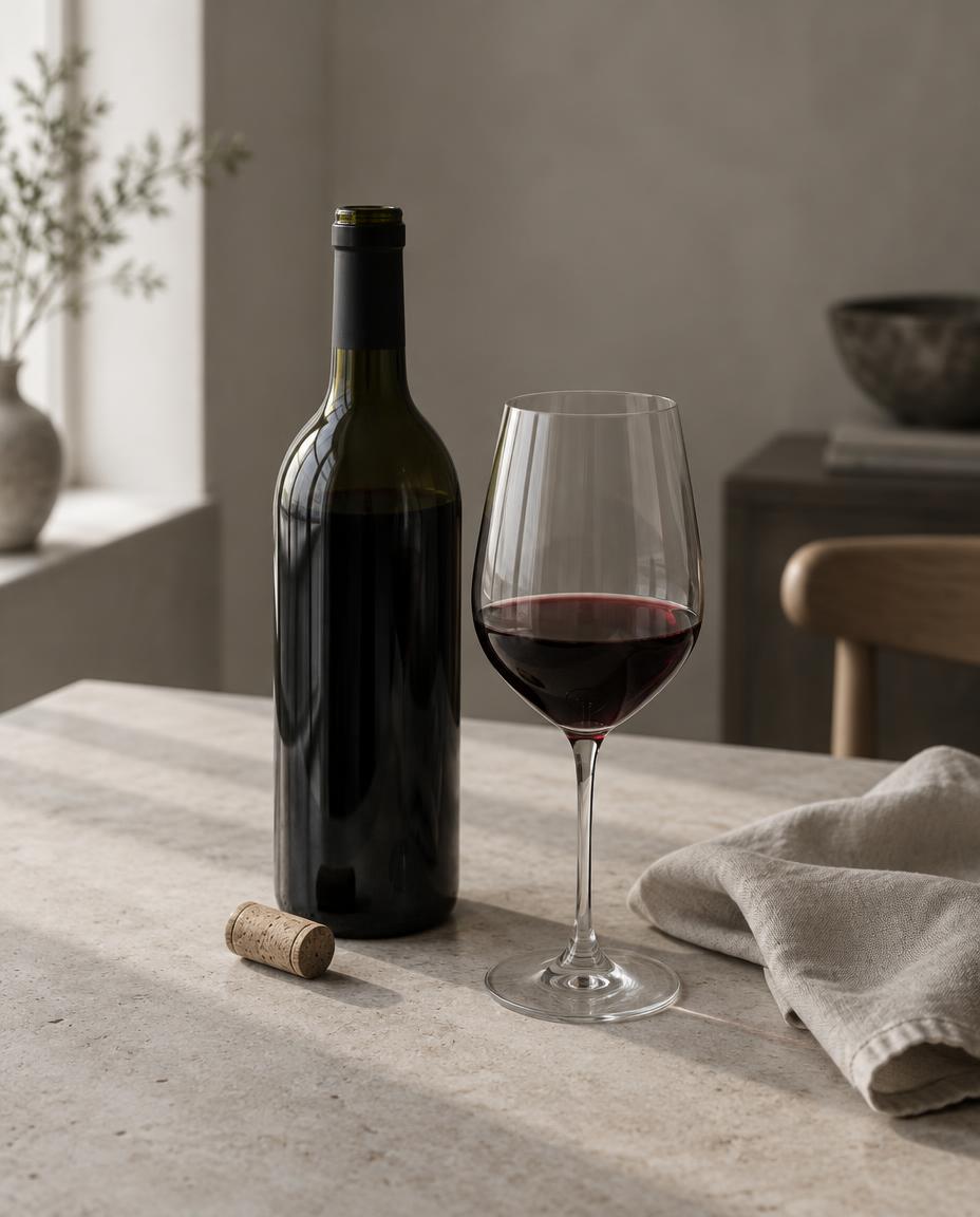An opened bottle of red wine, its cork and a filled glass resting on a pale stone table