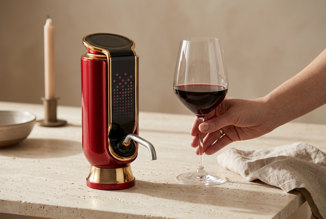 The red VINNOX standing on its base on a pale stone table, a hand lifting a glass of red wine beside it