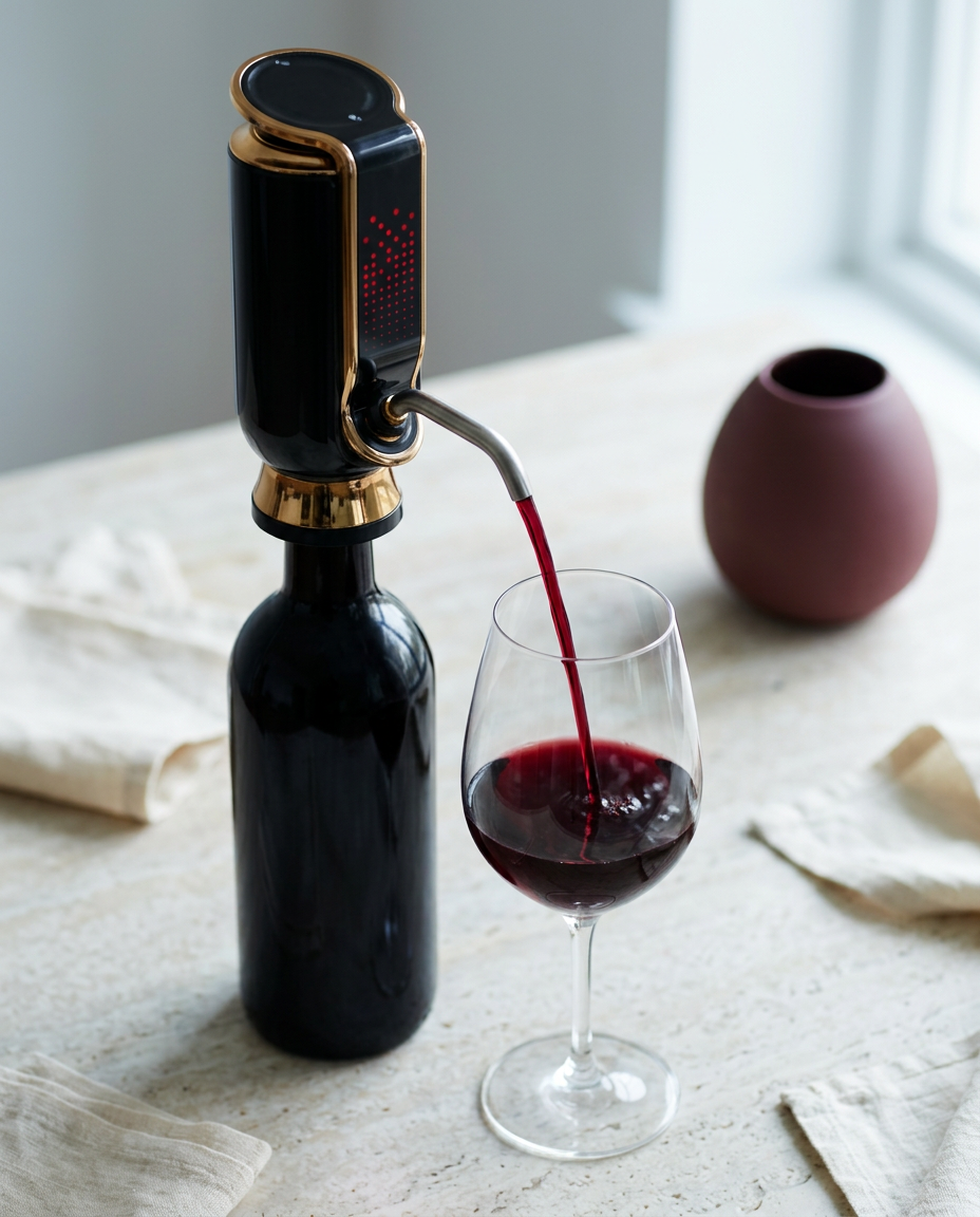 The black VINNOX pouring red wine into a glass on a pale stone table