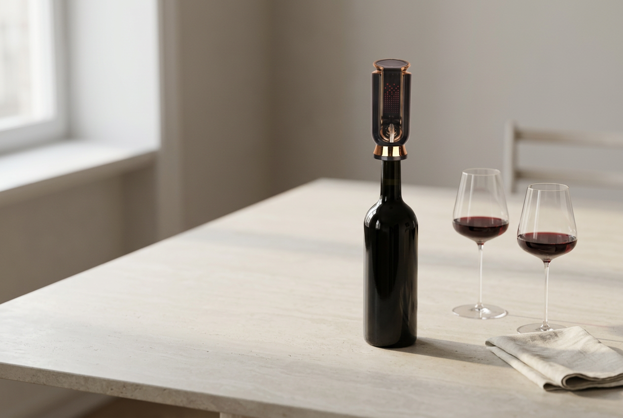 A table set for dinner, wine being poured into a glass